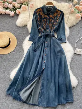 Осеннее модное дизайнерское винтажное джинсовое платье с цветочной вышивкой, женское платье с рукавом Три четверти, однобортный пояс трапециевидной формы, Vestidos