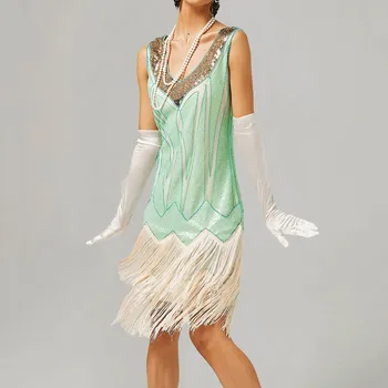 Двухцветное вечернее платье, женское винтажное платье, сексуальное платье без рукавов 1920-х годов, расшитое бисером, двойные женские простые вечерние платья