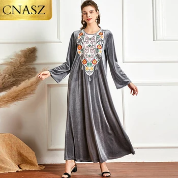 2021 Новое модное женское Серое Бархатное платье с вышивкой и длинным рукавом большого размера Для женщин, платья-халаты