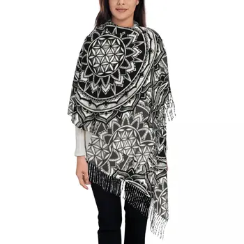 Женский шарф-мандала с сакральной геометрией, стильные зимние осенние накидки-шали, накидки с геометрическими кисточками 