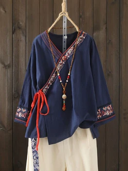 Весенний китайский традиционный костюм эпохи Тан, женский костюм, винтажная блузка, топ с вышивкой на шнуровке с длинным рукавом, женская блузка Hanfu, Новинка