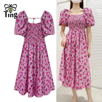 Tingfly, женское летнее модное длинное платье Миди трапециевидной формы с цветочным рисунком, эластичная повседневная уличная одежда с коротким рукавом, Vestidos, модная одежда