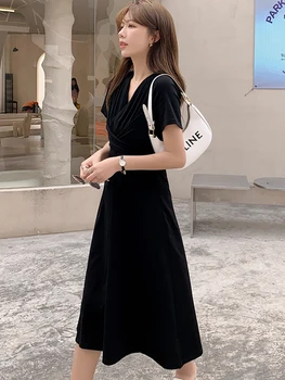 2023 Черное Корейское Винтажное Длинное платье для выпускного вечера Хепберн, Летнее плиссированное платье с коротким рукавом и V-образным вырезом, Женское простое и элегантное вечернее платье
