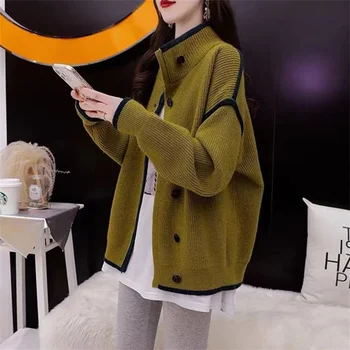 Однобортный Оливково-зеленый вязаный кардиган Женский 2022, Осень-зима, Новый Корейский свободный свитер со стоячим воротником, женский