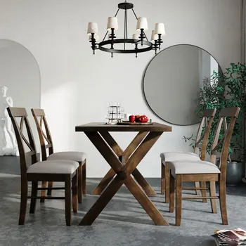 Кухонный обеденный стол из 5 предметов в деревенском стиле с 4 мягкими стульями с откидной спинкой, коричневый + бежевый