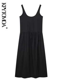 KPYTOMOA Женское Модное Плиссированное Нейлоновое платье Миди Винтажные женские платья с круглым вырезом и ремешками Vestidos Mujer