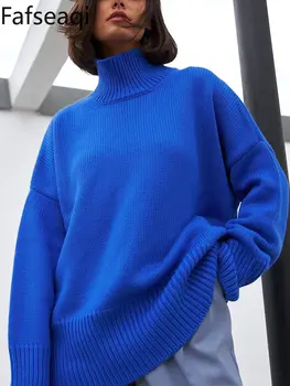 Голубая зимняя женская водолазка, толстые и теплые вязаные свитера, белые пуловеры оверсайз в корейском стиле, базовый женский мешковатый свитер
