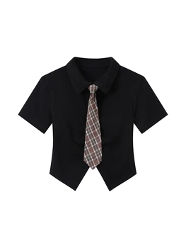 Летняя женская рубашка Harajuku с коротким рукавом и блузкой с галстуком Gyaru Design Эстетические топы 2000-х годов Y2k Уличная одежда Японская мода