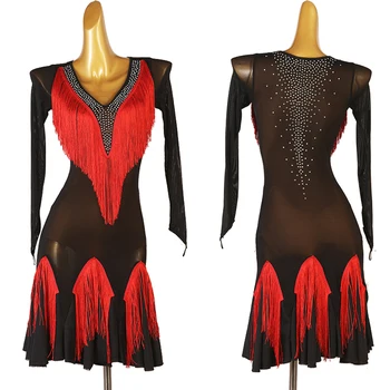 Новое женское платье для латиноамериканских танцев, сексуальное красное сетчатое платье с бахромой и рукавами, женская одежда для латиноамериканских танцев, DQL8342