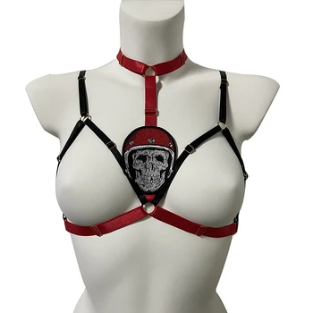 Готическая эластичная наклейка из ткани с красным черепом, полая обвязка для тела, топ-бюстгальтер в клетку на Хэллоуин, рейв-одежда, бюстгальтер Harajuku Harness