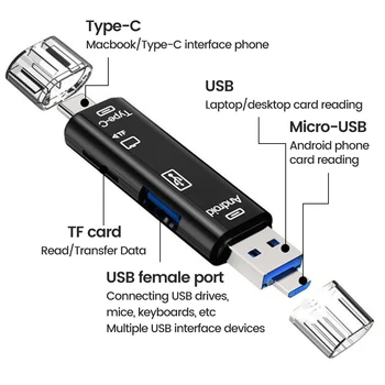 5 в 1 Многофункциональный Usb 2.0 Type C / Usb / Micro Usb / Tf / SD Устройство чтения карт памяти OTG Адаптер для чтения карт Аксессуары для мобильных телефонов